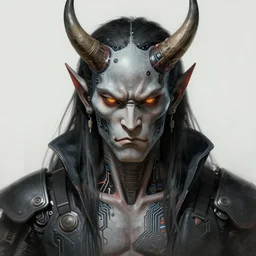 portrait, cyberpunk japanese oni demon with horns and circuitry, augmented, stern expression, long hair, highly detailed, digital painting, artstation, concept art, smooth, sharp focus, illustration, artgerm, tomasz alen kopera, peter mohrbacher, donato giancola, joseph christian leyendecker, wlop, frank frazetta