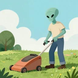 'an alien dad mowing the lawn, 1950's style illustration'