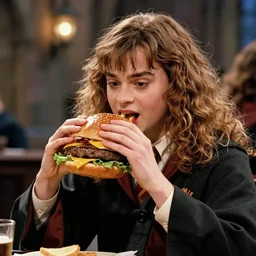 harry potter eating a massive burger king whopper inside hogwarts castle with hermione granger