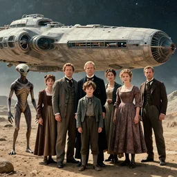sharp, film still from a sci fi blockbuster color movie made in 2022, set in 1860, of a family standing in front of a spaceship that has just landed on an alien planet, a humanoid alien creature stands nearby, the family are all wearing 1850s era clothes, cinematic lighting, cinematic camera, 4k, sharp focus, extremely good quality lighting, good quality photography, A list cast, famous actors, famous actresses, oscar winner