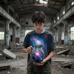 boy holding a jug containing the universe inside an abandoned factory. destruction. future. high quality. high fidelity. unsplash. devianart. 4 k.
