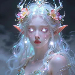a colorful and vibrant majestic white open wide eyes elf queen drops a tearwith flowers on her hair, glowing light orbs, intricate concept art, elegant, digital painting, smooth, sharp focus, ethereal opalescent mist, outrun, vaporware, cyberpunk darksynth, ethereal, ominous, misty, by charlie bowater, 8 k, rendered in octane