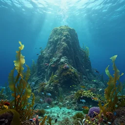 underwater mountain, kelp, fish, digital art, trending on artstation, unreal engine, 4k, octane render