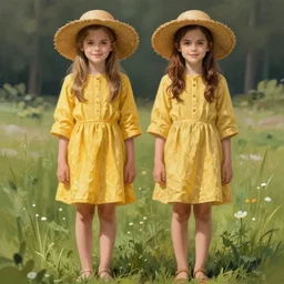 anya taylor - joy emma watson, symmetrical front view, straw hat, full body shot, yellow tunic, meadow background, highly detailed, digital painting, artstation, concept art, sharp focus, illustration, art by aleksi briclot, raphael lacoste, magali villeneuve