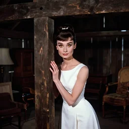 simon stalenhag. composition : medium shot. style : digital art ; studio lighting ; mysterious ; 4 k. scenery : the inside of a dark barn filled with furniture. subject : audrey hepburn ; wearing a white dress ; her amber eyes shine in the darkness. action : hiding behind a beam.