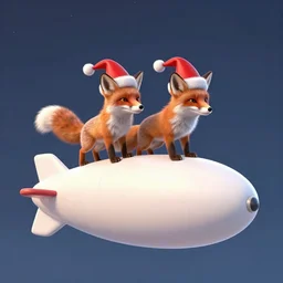 foxes wearing santa hats flying a blimp