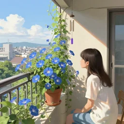 a girl sit in engawa and looking at a flower. a pot of blue morning glories with long vines is blooming on the balcony of an apartment building. a wind chime hangs by the window. outside, the summer sky and a japanese city can be seen. highly detailed, digital painting, artstation, concept art, sharp focus