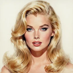 stunning award - winning portrait by peter lindbergh of a beautiful young blonde woman. vintage hollywood glamour. long shiny wavy hair. movie star makeup. vogue. highly detailed realistic watercolor painting on canvas. brush strokes.