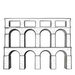 flat primitive drawing, front view, full face, aqueduct with 4 arches