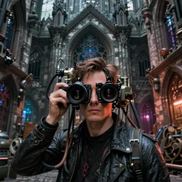 a man with cameras for eyes connected to a machine with tubes, futuristic, gothic, sci-fi, brutalism, hyperdetailed, Cinematic, Kinemacolor, Massive, Artstation, 8k