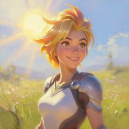 beautiful oil painting of tracer from the game overwatch in the style of mark arian, standing alone in grassy field, smiling while the sun shines down, feminine face, light rays, radiant quality, 4 k, brush strokes, anatomically accurate face, beautiful eyes, peaceful atmosphere, artstation, heavenly glow, tracer overwatch, detailed face, smiling,