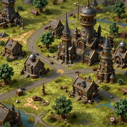 extreme close up of warcraft like map of steampunk small town, hyper detailed, intrincated, vivid color scheme, sharp focus, clear image, no logo, hyper realistic