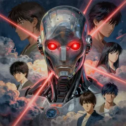 cyborg with glowing red eyes, clouds, lasers, painting by greg ruthowski, yoshikata amano, yoji shinkawa, alphonse murac, collaborative artwork, beautifully drawn, heavily detailed
