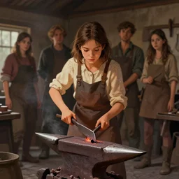 portrait of a young girl working in a blacksmith's forge, digital art, unreal engine, lowbrow in the style of alexander jansson and mark ryden and lilia alvarado,