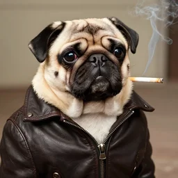 pug in a leather jacket smoking a cigarette