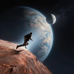 running at the edge of space, toward a planet, reaching the abyss, calm, digital art