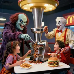 dystopian lovecraftian mcdonalds 2 0 2 0 tv commercial featuring a smiling happy family being fed into a beef grinder by grimace and the hamburglar in the style of h. r. giger