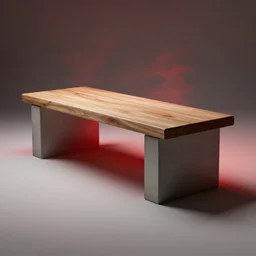 high tech concrete bench cube, natural wood top, minimal, dramatic lighting and composition, trending on artstation, concept art, red light, smoke