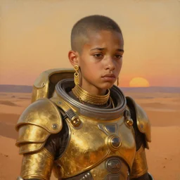 a young sad dejah thoris on mars wearing detailed space armor made of gold, after a battle, closeup portrait, gold jewelry, sand dunes to the horizon, fantasy, smooth, 4 k, sunset, oil painting on canvas, by john singer sargent