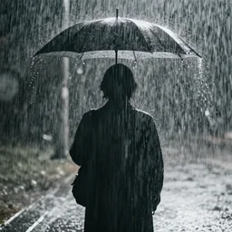 Rain pouring down on a shadow figure
