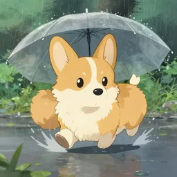 ghibli style art of a corgi playing in the rain