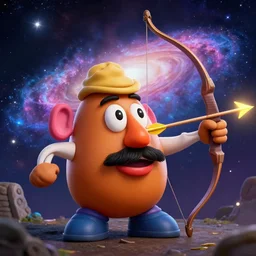 Potato Man using bow and arrow to kill Galaxy, fantastic, hd, 8k, 4k, weird,