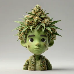 a man made of hemp, with a head in the form of a cannabis bloom, like young grut, green skin, character, art by james jean and greg rutkowski!!, realistic face, digital art, chibi style, golden ratio, perfect composition, trending on artstation, 8 k
