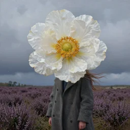 portrait, giant flower head, girl wearing a coat in heather field, surreal photography, wind and cold, dramatic sky, impressionist painting, digital painting, artstation, simon stalenhag