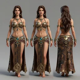 character sheet of tribalfusion bellydancer, concept art, highly intrincate, front and side, unreal engine, very detailed, octane render, 4 k, artstation, cgsociety, by serge birault