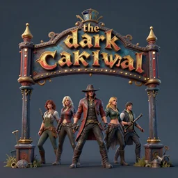 3d sculpt of an arched sign for a circus called 'the dark metal carnival', iron maiden, red dead redemption2, artstaton, digital illustration