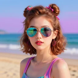 synthwave, retrowave, cute 1 9 5 0 s girl wearing aviator reflective sunglasses at the beach, perfection, artstation