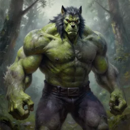 frazetta hulked oversized rugged werewolf cyborg wolf concept art macro medium close up shot in deep forest, mist, overcast, backlighting, oil painting by greg rutkowski and greg rutkowski