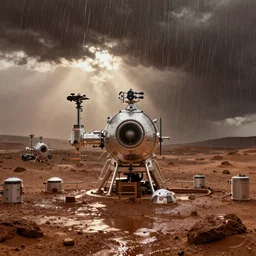 rainy weather outside a space colony on Mars