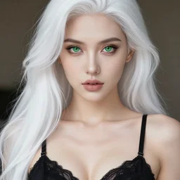 a beautiful portrait, sexy fantasy. professionally retouched, soft lighting, wearing sexy black dessous, realistic, hyperrealistic hyperdetailed smooth face, perfect green eyes, long white hair, wide angle, sharp focus on the eyes, 8 k high definition, insanely detailed, intricate, elegant, art by artgerm and wlop