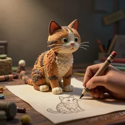 claymation of a cat drawing with crayons by nick park