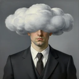portrait of man in a suit with clouds hiding his head by rene magritte, detailed painting, hd, hq, high resolution, high detail, 4 k, 8 k
