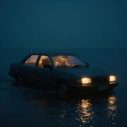 a car under the water with warm light inside it dark cold atmoshperic and cinematic by greg ruthkowski and craig mullins, trending on artstation