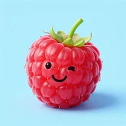 ultra beautiful digital art of a red raspberry with a happy face on a light blue background