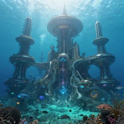 incredible and fantastic hyperrealistic world in the bottom of the sea with sea creatures never seen before and beautiful futuristic structure with many details, Greg rutkowski, Trending artstation, cinematographic