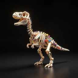 Simple funny mechanic organic dinosaur skeleton sculpture made from cables, wires and tubes, by david lachapelle, by angus mckie, by rhads, in a dark empty black studio hollow, c4d, at night, rimlight, rimight, rimlight, colorfull jellybeans organs