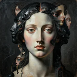 epic concept art. abstract female face silhouette mixing with black and color liquid fluid. abstract sculpture. art deco swirls. 1 7 th century masterpiece by michelangelo. concept art, matte painting, close up portrait photography by amy leibowitz, multiple female eyes. greg rutkowski, 3 d, wlop, victo ngai, greg ruthkowski, kandinski