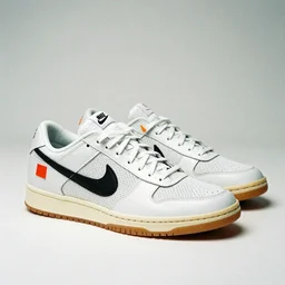 a studio photoshoot of Nike x Off-White sneakers designed by Virgil Abloh, leather with knitted mesh material, gum rubber outsole, realistic, color film photography by Tlyer Mitchell, 35 mm, graflex
