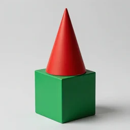 a red cone sitting on top of a green cube
