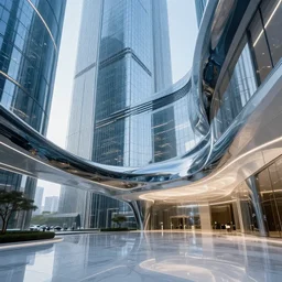 futuristic skyscraper lobby area, award winning, photorealistic, slick, smooth, modern, futuristic, glassy, reflective, streamlined