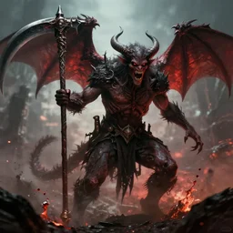 buff roided demon with scythe, bringer of doom and despair, epic composition, epic splashart, cinematic, wideshot, wrath, color palette of anger, depth of field, by greg rutkowski, peter mohrbacher, craig mullins. letterbox. film