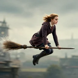 a 4k photo of Emma Watson flying in a magical broomstick