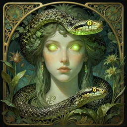 common european viper, adder, sci fi, glowing eyes, volumetric lights, plant theme, art nouveau botanicals, intricate, highly detailed, digital painting, artstation, concept art, smooth, sharp focus, cinematic, illustration, beautiful face, art by h. r. giger and greg rutkowski and alphonse mucha, kentaro miura