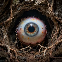 photo of an eyeball in a cavern wrapped in roots underground. Fantasy magic style. Highly detailed 8k. Intricate. Nikon d850 55mm. Award winning photography.