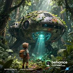 a curious explorer discovers a massive abandoned alien spaceship covered in vines deep in the jungle. mysterious bioluminescent light is emitted from deep inside the ship. concept art by neil blevins, jorge jacinto, stephan martiniere. trending on behance. matte painting, volumetric lighting, godrays, detailed, 4 k, behance contest winner