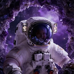 extreme close up astronaut portrait, purple [ [ [ crystal ] ] ] caves, amethyst, beautiful dynamic lighting, nebula sky, cinematic, wide angle establishing shot, extremely high detail, photo realistic, cinematic lighting, matte painting, interstellar, greg rutkowski, roger deakins